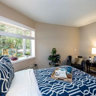 A cozy bedroom with natural lighting, featuring a bed adorned with blue patterned bedding, a bedside table with a lamp, and a view of greenery outside the window.