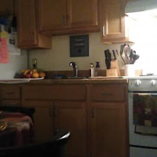 A cozy kitchen space with wooden cabinets and a well-equipped cooking area.