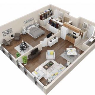 A 3D rendering of a modern apartment floor plan featuring a bedroom, living room, and kitchen.