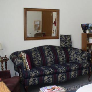 A cozy living room setup with a patterned sofa, a mirror on the wall, and a bookshelf.