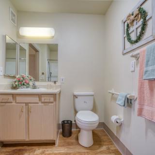 A clean and organized bathroom with a toilet, sink, cabinet, and decorative elements.