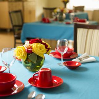A beautifully set dining table with red dishes and a blue tablecloth, adorned with a vibrant floral centerpiece.