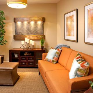 Cozy living room with an orange sofa and contemporary decor.