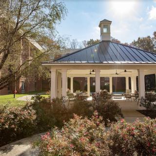 A charming gazebo surrounded by lush greenery in a tranquil garden setting.