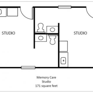 Floor plan of a memory care studio apartment measuring 171 square feet.