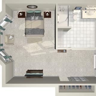 An overhead view of a compact apartment floor plan, featuring a bedroom and a small kitchen area.