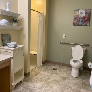 An accessible bathroom featuring a toilet, shower, and shelving with green walls.
