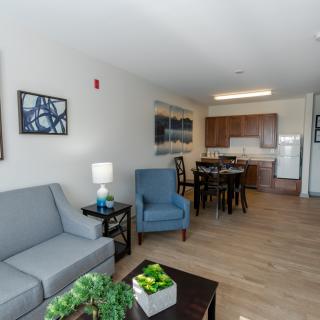 A modern apartment with a combined living and dining area, featuring stylish furniture and an open kitchen layout.