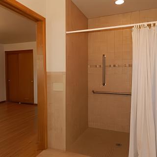 An accessible bathroom with a walk-in shower featuring a curtain and grab bar.