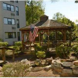 A wooden gazebo in a garden setting with an American flag displayed.