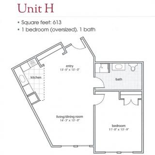 Unit H floor plan featuring a one-bedroom, one-bathroom apartment with living and dining areas.