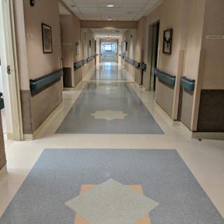 A well-lit hospital hallway showcasing clean floors and a calming atmosphere.
