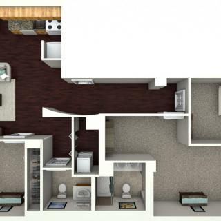3D floor plan of a two-bedroom apartment.