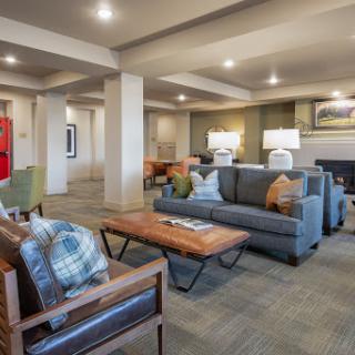A stylish and cozy living room featuring modern furniture and warm lighting.