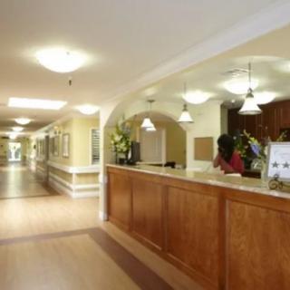 A well-lit reception area with a wooden desk and adjacent hallway.