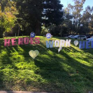 Colorful birthday signs displayed on a grassy lawn.