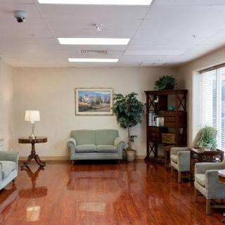 A cozy waiting room with sofas, a bookshelf, and decorative plants.