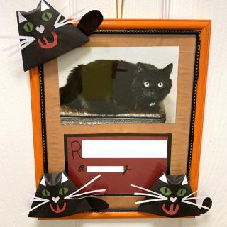 A framed photograph of a black cat surrounded by handmade cat decorations.