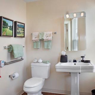 A well-organized bathroom with a pedestal sink, toilet, and wall mirror, complemented by green towels and framed artwork.