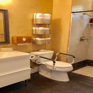 An accessible bathroom featuring a toilet with grab bars, a shower, and neatly organized towels on shelves.