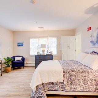 A bright and spacious bedroom featuring a patterned bedspread, an armchair with a plant beside it, and a large window allowing natural light to fill the room.