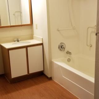 A clean and simple bathroom featuring a sink with cabinet, a mirror, and a bathtub.