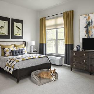 A modern bedroom with stylish decor, featuring a bed with patterned bedding, artwork on the walls, and a dog resting in a cozy bed.