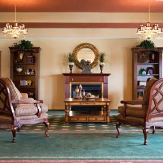 A classic living room with elegant furniture and a central fireplace, flanked by bookshelves and lit by chandeliers.