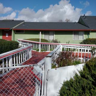 A house with a green exterior, featuring a wooden ramp and pathway surrounded by bushes, under a partly cloudy sky.