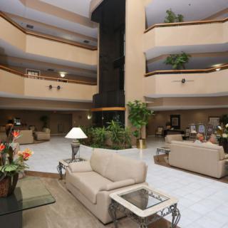A spacious hotel lobby featuring modern sofas and greenery in an atrium setting.