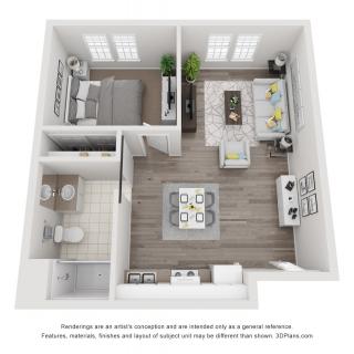 A 3D floor plan of a one-bedroom apartment featuring a bedroom, bathroom, kitchen, and living area with modern furnishings.