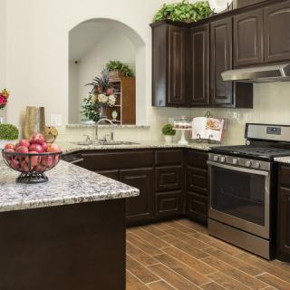 A modern kitchen featuring dark cabinets, stainless steel appliances, and a granite countertop adorned with decorative plants and a fruit bowl.