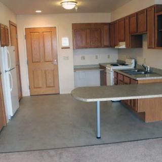 An open kitchen area in a small apartment with wooden cabinets and basic appliances.