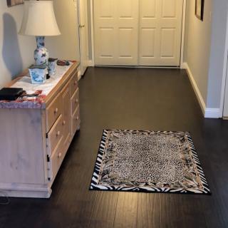 A cozy hallway featuring a cabinet with a lamp and a patterned rug on dark flooring.