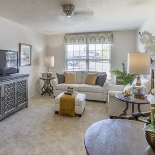 A cozy and well-decorated living room with a sofa, television, and various decorative elements.
