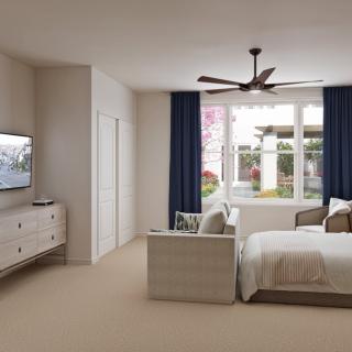A modern bedroom with a large window, featuring a bed, dresser, and television.