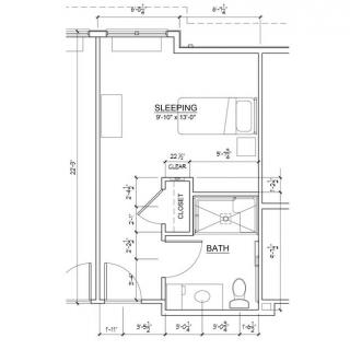 A detailed architectural floor plan showing the layout of a room, including dimensions and structural details.