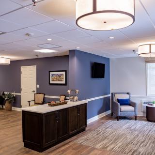 A modern lobby with comfortable seating and elegant lighting.