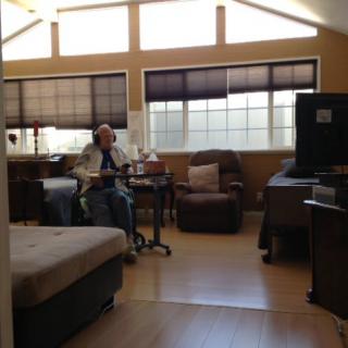 A cozy living room with a person seated near a window, surrounded by furniture and a television.