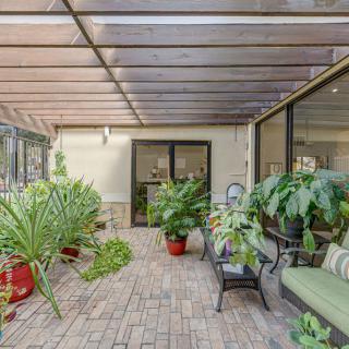 A cozy patio with a variety of potted plants and comfortable seating under a glass roof.