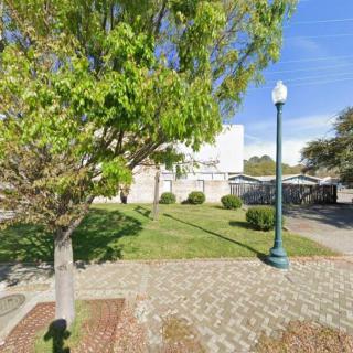 A view of a tree and lamp post near a sidewalk with a building in the background on a sunny day.
