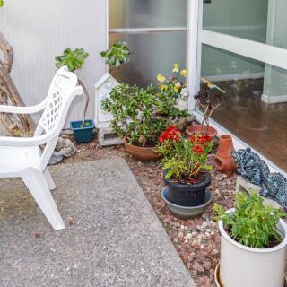A cozy patio area with various potted plants and a white plastic chair.