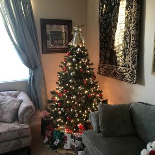 A cozy living room with a beautifully decorated Christmas tree surrounded by gifts.