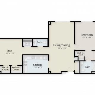 A floor plan layout of an apartment featuring two bedrooms, a den, kitchen, living/dining area, and two bathrooms.