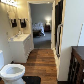 View from a bathroom into an adjacent bedroom with wooden flooring and modern fixtures.