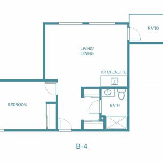 A floor plan of an apartment with a living room, bedroom, bathroom, and balcony.