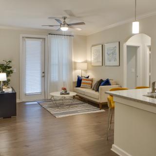 A modern living room with an open kitchen area, featuring contemporary furniture and stylish decor.