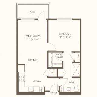 A floor plan of a one-bedroom apartment featuring a living room, kitchen, dining area, bathroom, and balcony.