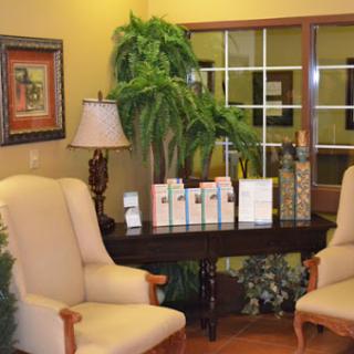 A cozy waiting area featuring comfortable chairs, indoor plants, and a welcoming ambiance.