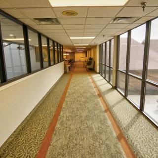 A long, carpeted corridor with large windows in an office building.